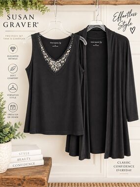 Susan Graver Black Embellished Tank Cardigan 2 Piece Set Women’s M